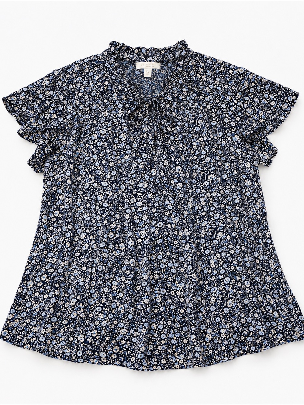 LC Lauren Conrad Navy Blue Floral Ruffled Short-Sleeve Blouse XL